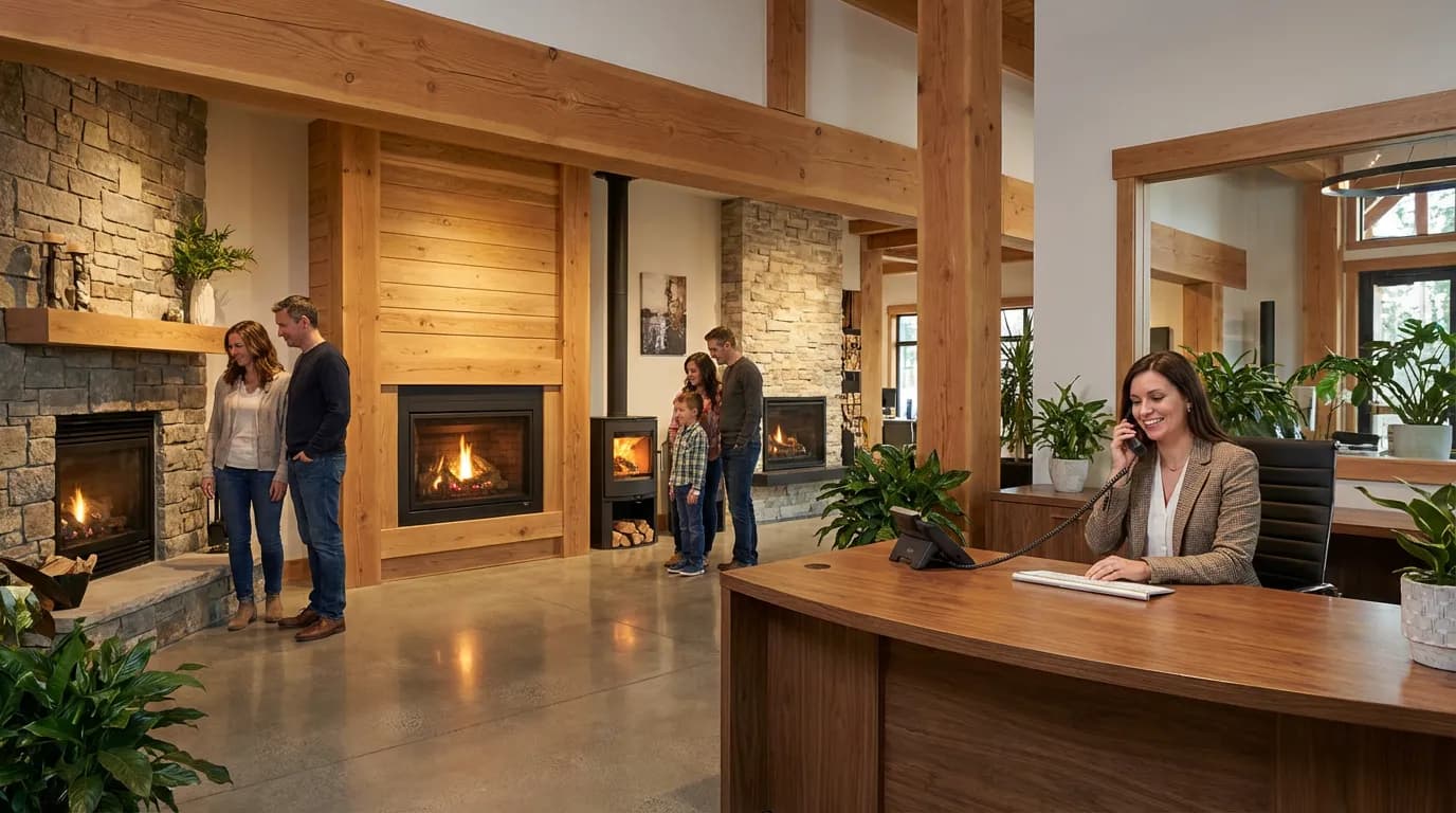 Gérant de showroom habitat prenant un appel client pendant une installation