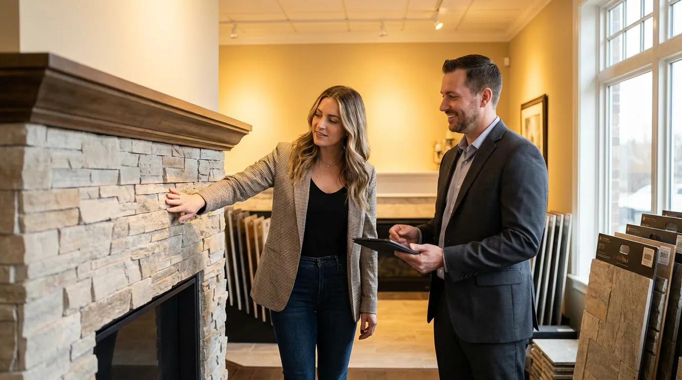 Client touchant un revêtement de cheminée dans un showroom habitat avec un vendeur à côté