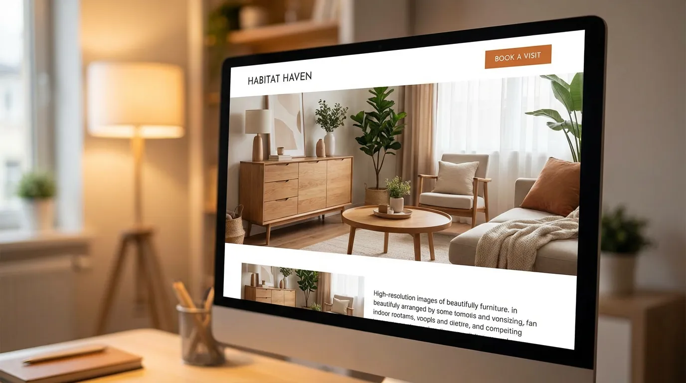 Écran d'ordinateur montrant le site web d'un showroom habitat avec bouton de prise de rendez-vous visible