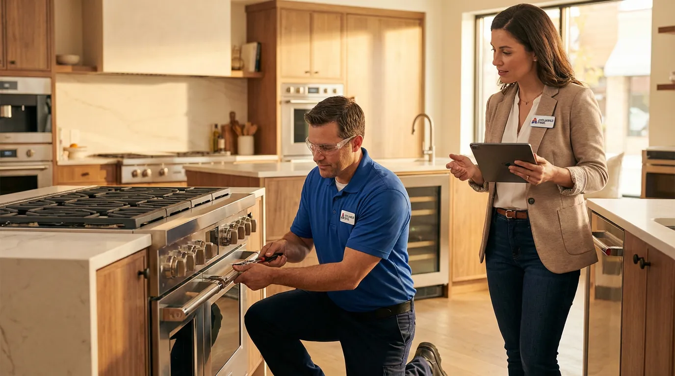 Poseur installant un poêle dans une maison avec le gérant de showroom qui supervise