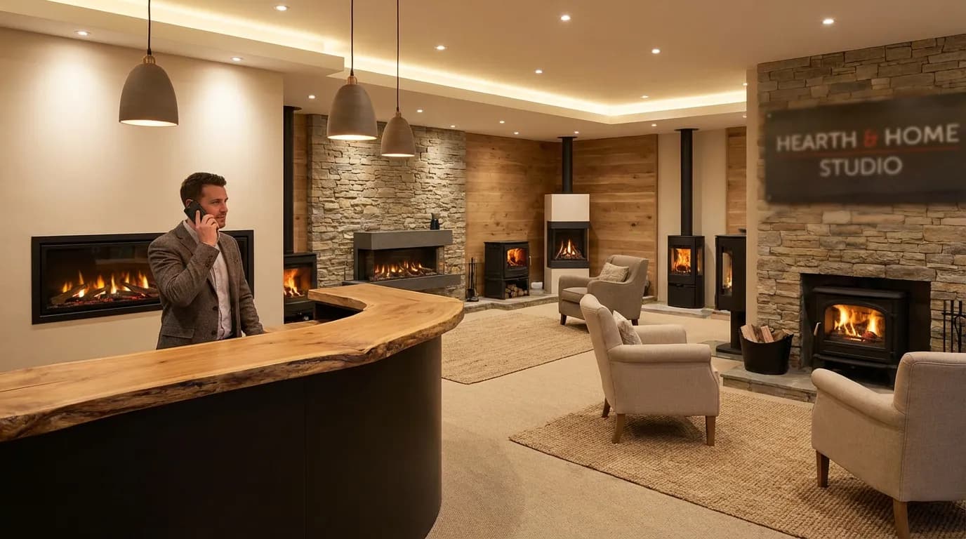 Showroom chaleureux de poêles et cheminées avec un professionnel répondant au téléphone