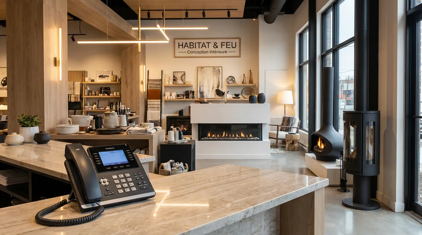 Showroom de cheminées moderne avec téléphone professionnel sur le comptoir d'accueil