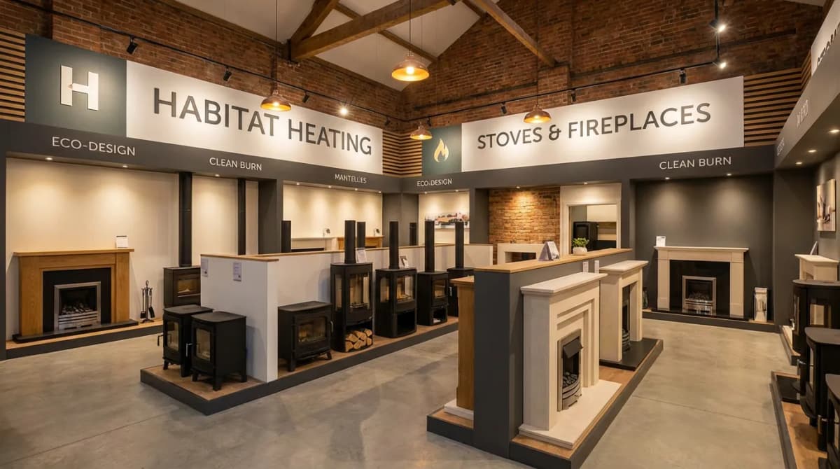 Entrepôt de showroom habitat avec des poêles et cheminées rangés et étiquetés