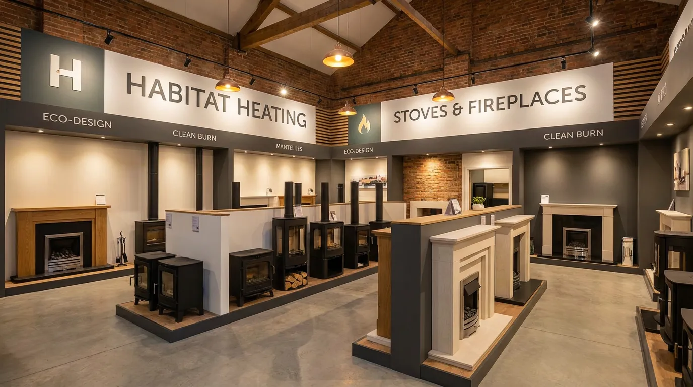 Entrepôt de showroom habitat avec des poêles et cheminées rangés et étiquetés