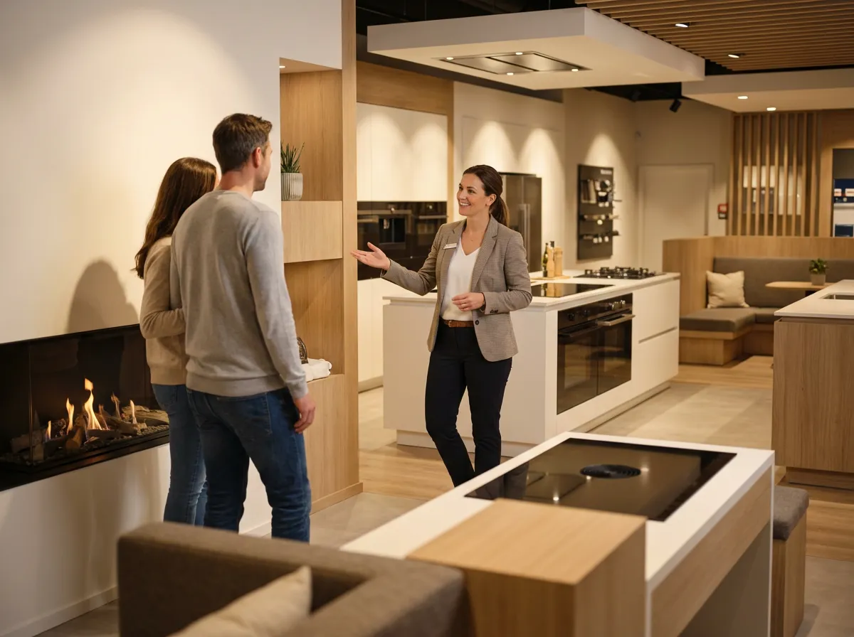 Un gérant de showroom accueille sereinement un client pendant que Cosy Call gère les appels