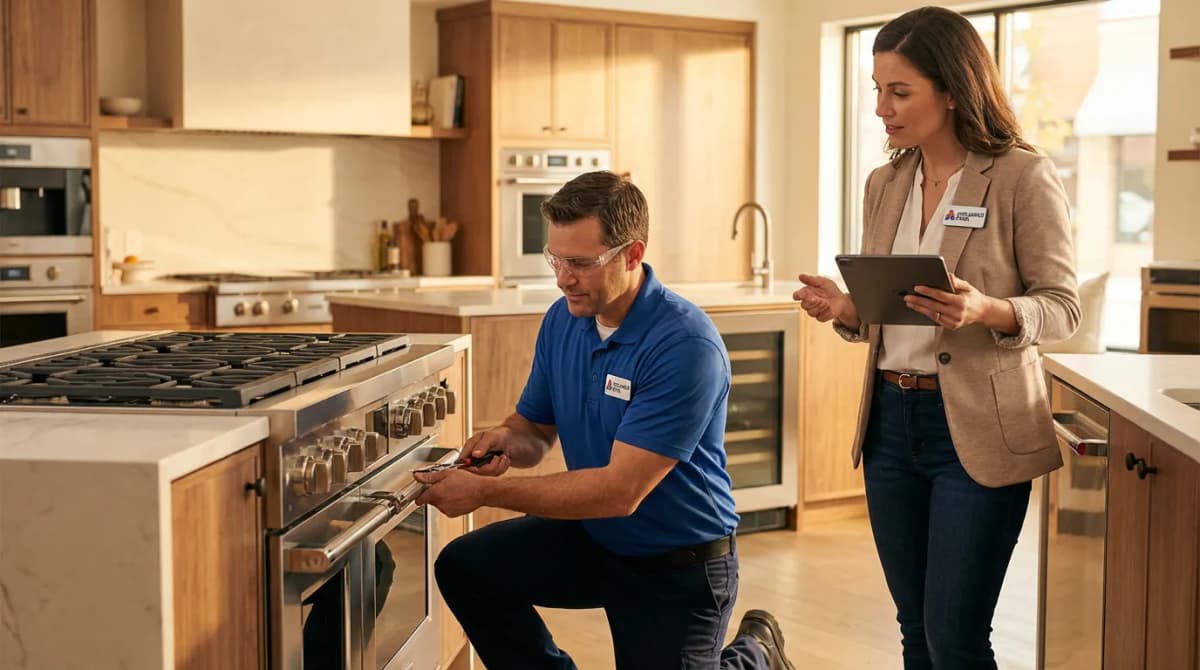 Poseur installant un poêle dans une maison avec le gérant de showroom qui supervise