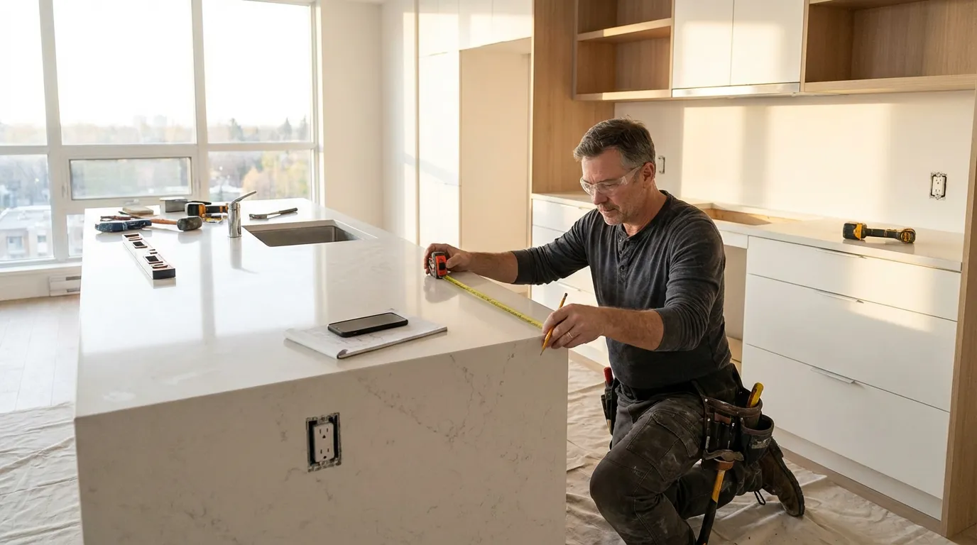 Cuisiniste installant une cuisine sur mesure dans un int\u00e9rieur moderne et lumineux